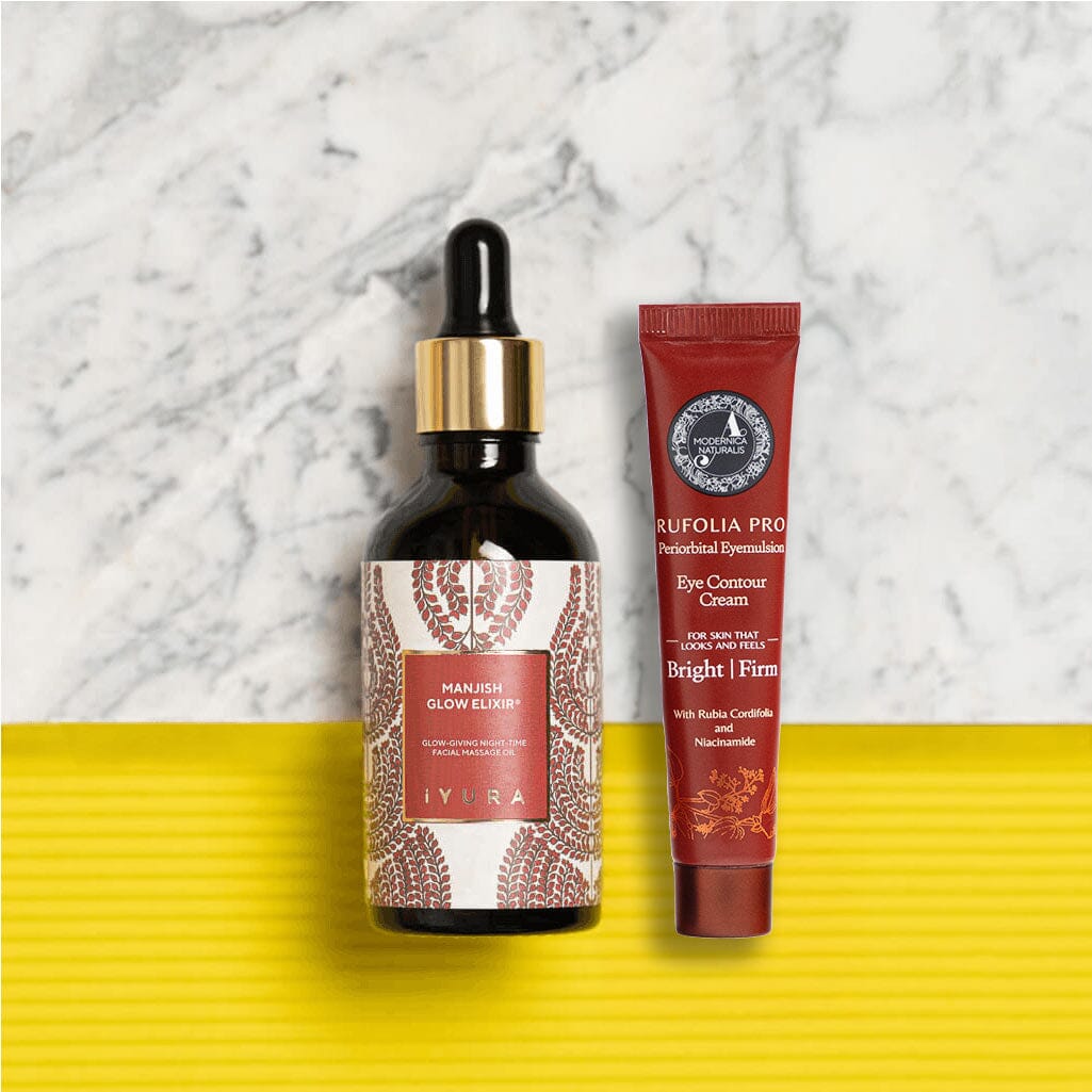 Manjistha Eye & Face Duo: Rufolia PRO Periorbital Eyemulsion and Manjish Glow Elixir.