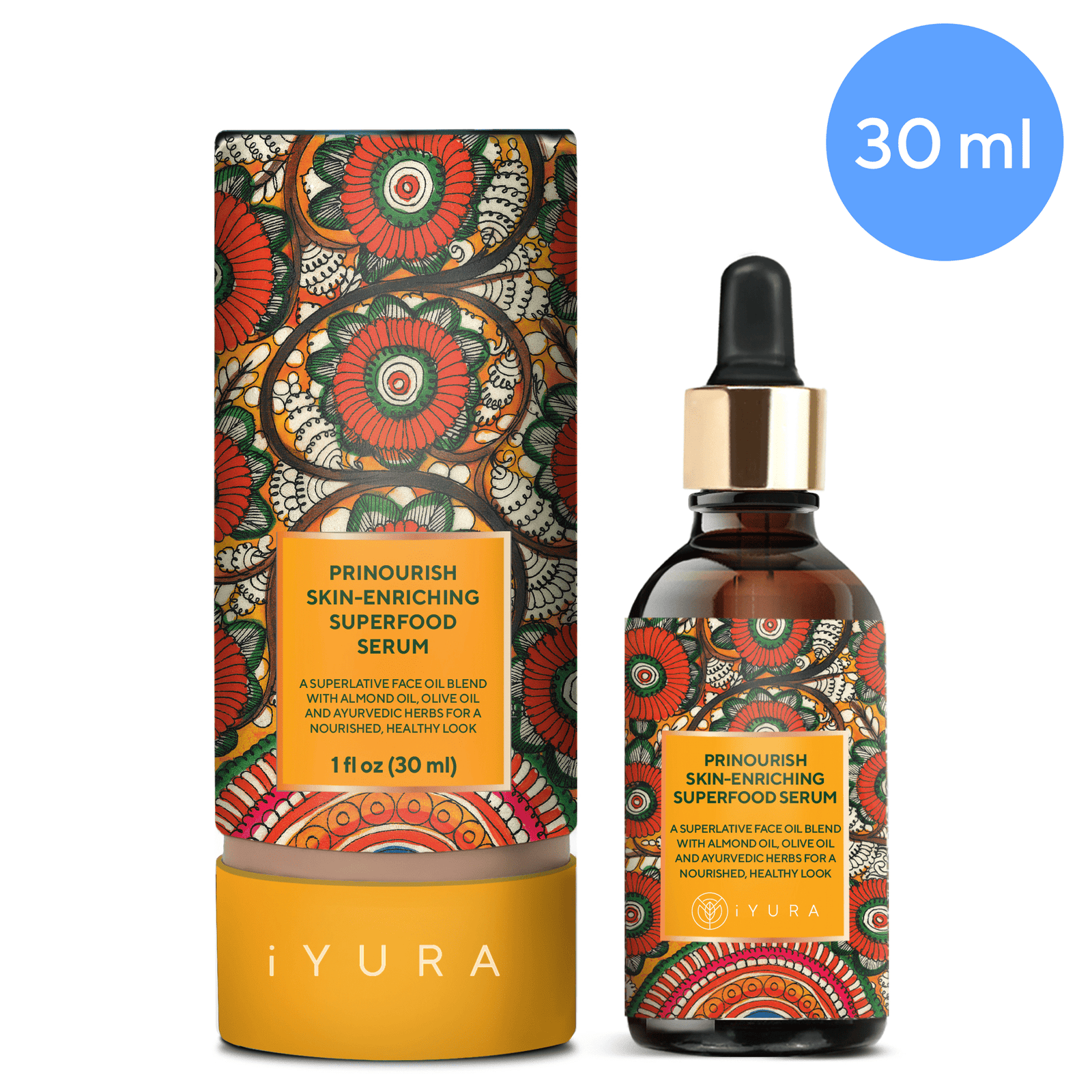 Prinourish Skin-Enriching Superfood Serum - With Almond Oil, Olive Oil, Turmeric, Mango and More Ayurvedic Herbs - Pick your size Face oil iYURA 30 ML (1 fl oz)